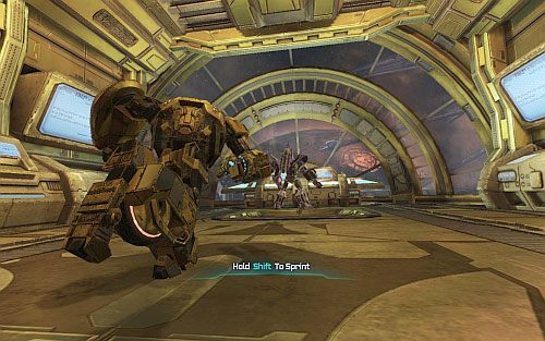 Po uporaniu się z wrogami podejdź do komputera przy drzwiach, otwórz je, wciśnij shift, a kiedy się rozpędzisz naciśnij środkowy przycisk myszy - Rozdział 1 - The Exodus | Opis przejścia | Transformers Upadek Cybertronu - Transformers: Upadek Cybertronu - poradnik do gry