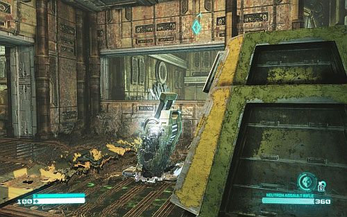 Dojedź do końca tunelu, poczekaj, aż nikt nie będzie patrzył, po czym wyjdź na zewnątrz, włącz niewidzialność i dostań się do dźwignij (obrazek) - Rozdział 4 - Eye of the Storm | Opis przejścia | Transformers Upadek Cybertronu - Transformers: Upadek Cybertronu - poradnik do gry