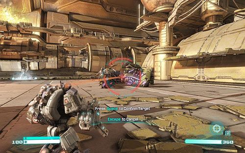 Kiedy robot upadnie wciśnij Q, namierz go celownikiem laserowym (obrazek) i zatwierdź cel spacją, co spowoduje, że wróg zostanie ostrzelany z powietrza - Rozdział 13 - Till All Are One | Opis przejścia | Transformers Upadek Cybertronu - Transformers: Upadek Cybertronu - poradnik do gry