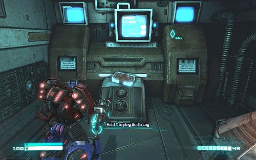 Po wejściu do pomieszczenia, do którego dostajesz się poprzez zniszczenie metalowych płyt - Audio Logs - rozdziały 1-6 | Audio Logs | Transformers Upadek Cybertronu - Transformers: Upadek Cybertronu - poradnik do gry