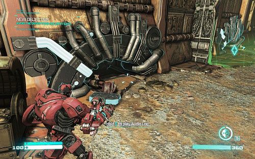 Po zabiciu pierwszego strażnika (tego z zielonym laserem), podejdź do drzwi z lewej i poczekaj, aż minie cię patrol - Audio Logs - rozdziały 1-6 | Audio Logs | Transformers Upadek Cybertronu - Transformers: Upadek Cybertronu - poradnik do gry