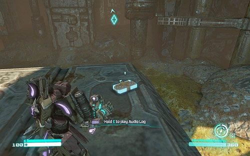 Na początku misji - po przeleceniu przez wnętrze dwóch okrągłych pierścieni wyląduj na platformie, na której znajdziesz audio loga - Audio Logs - rozdziały 1-6 | Audio Logs | Transformers Upadek Cybertronu - Transformers: Upadek Cybertronu - poradnik do gry