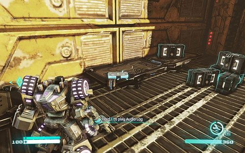 Kiedy dotrzesz do dwóch okrągłych platform zawieszonych w powietrzu, wskocz na wyższą z nich i obróć się w tył - Audio Logs - rozdziały 7-12 | Audio Logs | Transformers Upadek Cybertronu - Transformers: Upadek Cybertronu - poradnik do gry