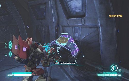 Patrząc od wyjścia z bazy - skieruj się do znacznika z lewej - Audio Logs - rozdziały 7-12 | Audio Logs | Transformers Upadek Cybertronu - Transformers: Upadek Cybertronu - poradnik do gry