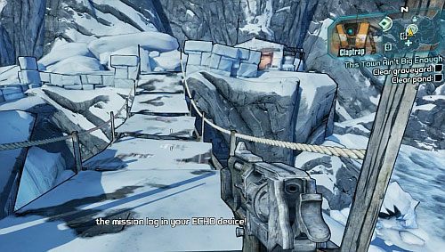 Aby dostać się do [2], musisz zeskoczyć na dół, z mostu pokazanego na obrazku - This Town Aint Big Enough | Misje poboczne - Southern Shelf | Borderlands 2 - Borderlands 2 - poradnik do gry