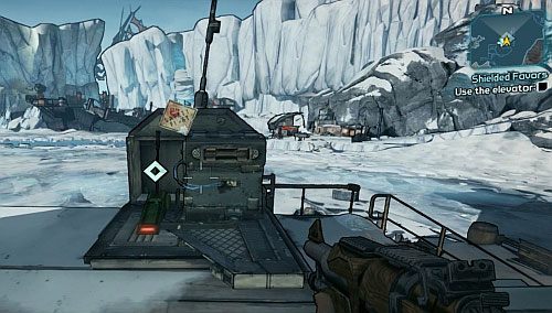 Po oczyszczeniu obozu wejdź po schodach wyżej i spróbuj użyć dzwigni pokazanej na obrazku - Shielded Favors | Misje poboczne - Southern Shelf | Borderlands 2 - Borderlands 2 - poradnik do gry