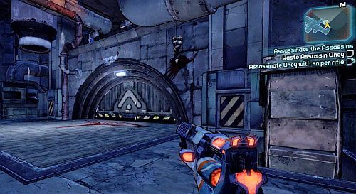 Podejdź do następnej bramy pokazanej na obrazku [4], gdzie zmierzysz się z Assassin Oney (dostaniesz dodatkowe punkty doświadczenia, jeżeli wyeliminujesz go przy użyciu dowolnego karabinu snajperskiego) - Assassinate the Assassins | Misje poboczne - Sanctuary | Borderlands 2 - Borderlands 2 - poradnik do gry