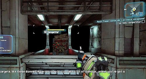 Teraz Twoim celem jest strzelanie do Robota, bronią z Corrosive Elemental Effects - Rock, Paper, Genocide | Misje poboczne - Sanctuary | Borderlands 2 - Borderlands 2 - poradnik do gry
