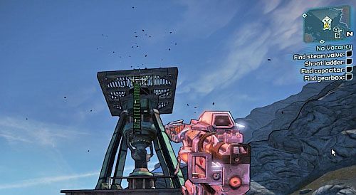 Najpierw udaj się do pompy w centralnej części mapy [3] i strzel do drabiny pokazanej na obrazku, by ją opuścić - No Vacancy | Misje poboczne - Three Horns Valley | Borderlands 2 - Borderlands 2 - poradnik do gry