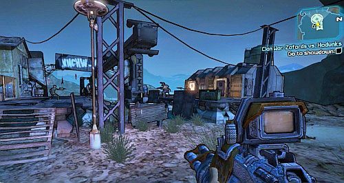 Porozmawiaj z Ellie [1], a następnie udaj się na miejsce pojedynku dwóch rodzin [2], w zachodniej części mapy - Clan War - Zafords vs. Hodunks | Misje poboczne - The Dust | Borderlands 2 - Borderlands 2 - poradnik do gry