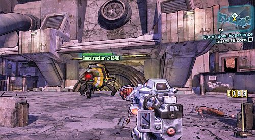 Po zejściu na ulicę i przejściu kilu kroków, zobaczysz Robota pokazanego na obrazku, w którym umieść AI Core - Misje poboczne - Out of Body Experience | Borderlands 2 - Borderlands 2 - poradnik do gry