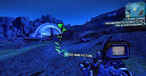 Następnie idź na południe, gdzie pośród lejów po eksplozjach, znajdziesz kolejny przedmiot, będący natchnieniem dla Scootera [3] - Poetic License | Misje poboczne - Sanctuary 2 | Borderlands 2 - Borderlands 2 - poradnik do gry