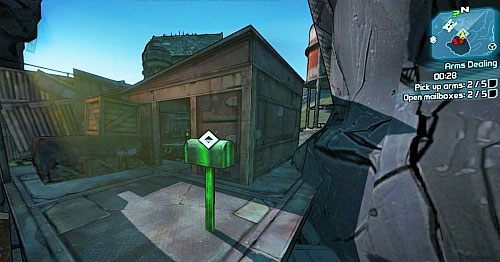 Przy skrzynce pocztowej nr 3 [4], będziesz musiał zeskoczyć niżej, a następnie wskoczyć po skałach, po prawej stronie budynku do skrzynki pocztowej - Arms Dealing | Misje poboczne - The Highlands | Borderlands 2 - Borderlands 2 - poradnik do gry