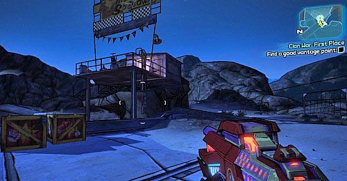 Teraz wróć na początek mostu i wejdź po drabinie do punktu pirotechnicznego, pokazanego na obrazku - Clan War - First Place | Misje poboczne - The Highlands | Borderlands 2 - Borderlands 2 - poradnik do gry
