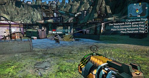 Flaga zacznie podnosić się do góry, a Ty będziesz musiał osłaniać generator przed atakującymi Bandytami - Capture the Flags | Misje poboczne - Sanctuary 3 | Borderlands 2 - Borderlands 2 - poradnik do gry