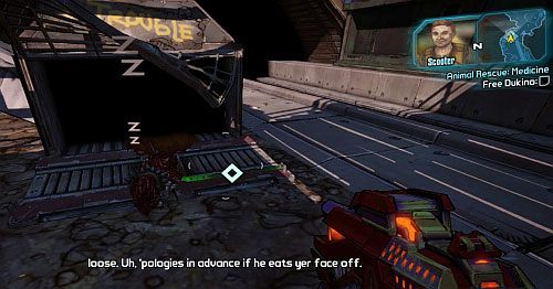 W miejscu oznaczonym numerem [1] na mapie, znajdziesz śpiącego Skag Dukino - Animal Rescue - Medicine | Misje poboczne - Lynchwood | Borderlands 2 - Borderlands 2 - poradnik do gry