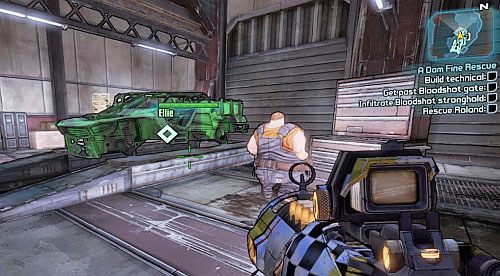 Po rozmowie z Ellie podejdź do wraku samochodu pokazanego na obrazku i naciśnij przycisk Użyj (domyślnie E) - A Dam Fine Rescue | Zadania główne w Borderlands 2 - Borderlands 2 - poradnik do gry