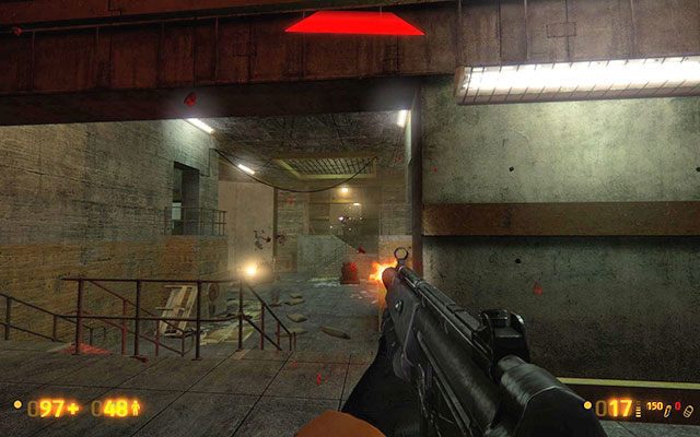 Kolejnego przeciwnika spotkasz kilkanaście metrów dalej - będzie się ukrywać za workami z piaskiem - Power Up - Generując prąd | Power Up | Black Mesa - Black Mesa - poradnik do gry