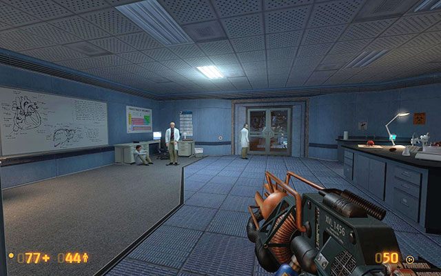 Podejdź do wyrwanej w ścianie dziury i bardzo ostrożnie wyjdź na zewnątrz - Questionable Ethics - Laserem na zewnątrz | Questionable Ethics | Black Mesa - Black Mesa - poradnik do gry