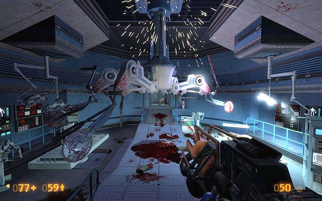 Wysłuchaj swoich kolegów po fachu, a następnie wbiegnij do kolejnej sali, uważając by wirujące w powietrzu ostrza nie pocięły Cię na kawałki - Questionable Ethics - Laserem na zewnątrz | Questionable Ethics | Black Mesa - Black Mesa - poradnik do gry