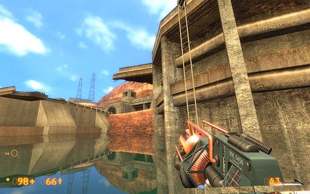 Kiedy stwór przejdzie do historii, zlokalizuj wieżę z drabiną i za pomocą tej ostatniej wdrap się na górę - Surface Tension - Na tamie | Surface Tension | Black Mesa - Black Mesa - poradnik do gry