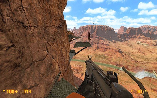 Idź dalej w prawo wychodząc po dwóch drabinach, aż dotrzesz do miejsca ze zniszczoną metalowa platformą - Surface Tension - Między minami | Surface Tension | Black Mesa - Black Mesa - poradnik do gry