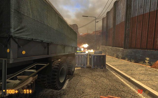 Wejdź do jednej z budek, powinieneś w środku znaleźć panel z przyciskiem otwierającym bramę - przejdź dalej - Surface Tension - Między minami | Surface Tension | Black Mesa - Black Mesa - poradnik do gry