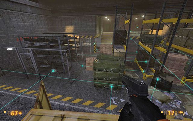 Przeskocz na żółty regał, następnie na drugi, a z niego na kontener - Surface Tension - Eksplozja totalna | Surface Tension | Black Mesa - Black Mesa - poradnik do gry