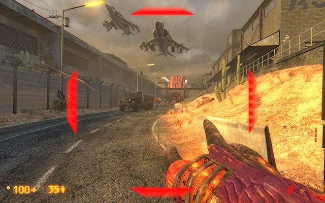 Obcy bliżej niezidentyfikowany obiekt latający zrzuci na ziemię kilku obcych, jednak nie powinieneś się nimi martwić, gdyż odrzutowce wroga pozbędą się ich zrzucając bomby - Surface Tension - Wsparcie artyleryjskie | Surface Tension | Black Mesa - Black Mesa - poradnik do gry