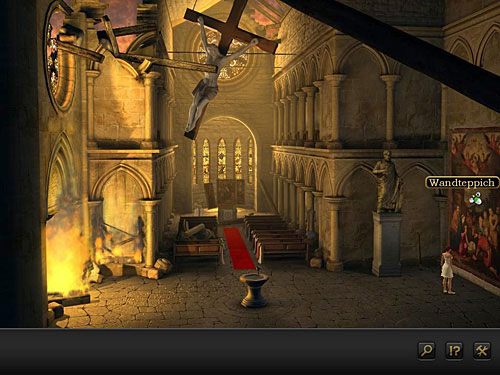 Obadaj zatem wiszący po prawej gobelin - musisz go jakoś usunąć, żeby zobaczyć, co znajduje się za nim - Pozbądź się gobelinu | Rozdział 1 - Berlin, Niemcy | Secret Files 3 - Secret Files 3: The Archimedes Code - poradnik do gry