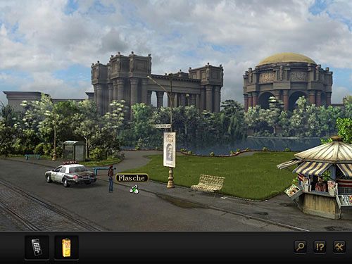 Następnie podnieś z ulicy (pomiędzy radiowozem a latarnią z plakatem) pustą szklaną butelkę - Pozbądź się policjanta | Rozdział 4 - San Francisco, USA | Secret Files 3 - Secret Files 3: The Archimedes Code - poradnik do gry