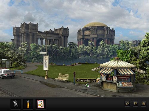 Tuż przy trawniku obok kiosku zlokalizuj odłamek szkła - Pozbądź się policjanta | Rozdział 4 - San Francisco, USA | Secret Files 3 - Secret Files 3: The Archimedes Code - poradnik do gry