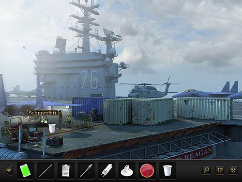 Powróciwszy na pokład lotniskowca, zapełnij ów kubek towotem (z samolotu po lewej), po czym wysmaruj nim czerwone szkiełko, które w ten sposób zyska kolor pomarańczowy - Dostań się do kontenera z białym oznaczeniem | Rozdział 6 - Lotniskowiec, Hiszpania - Secret Files 3: The Archimedes Code - poradnik do gry