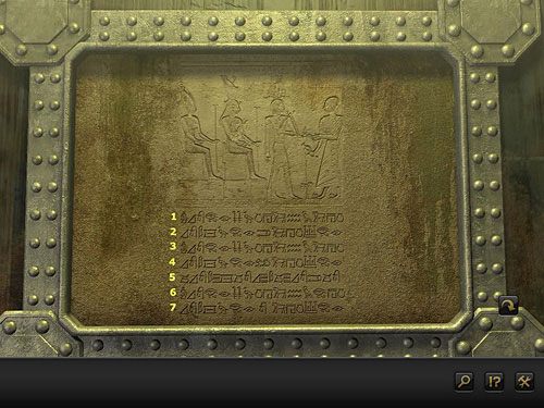 Tablica na trzeciej kolumnie pokryta jest egipskimi hieroglifami - Otwórz kamienne drzwi | Rozdział 8 - Santoryn, Grecja | Secret Files 3 - Secret Files 3: The Archimedes Code - poradnik do gry