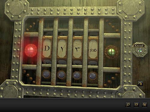 Podejdź do terminalu po lewej i wciskając guziki pod każdym z symboli, ustaw kolejno: literę D, przecinek, r i rysunek lwa - Otwórz kamienne drzwi | Rozdział 8 - Santoryn, Grecja | Secret Files 3 - Secret Files 3: The Archimedes Code - poradnik do gry