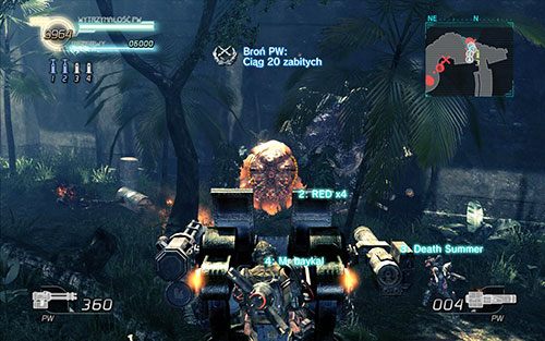 Po lewej znajduje się również działo wyposażone w Gatling oraz wyrzutnię - jeśli Twój mech Cię nie zadowala, warto przesiąść się na coś mocniejszego - co prawda wyrzutnia nie jest wyposażona w zbyt wiele pocisków, lecz powinno starzyć na zlikwidowanie wszystkich gniazd - Rozdział 2 - Sektor 2 - BOSS | Epizod 1 | Lost Planet 2 - Lost Planet 2 - poradnik do gry