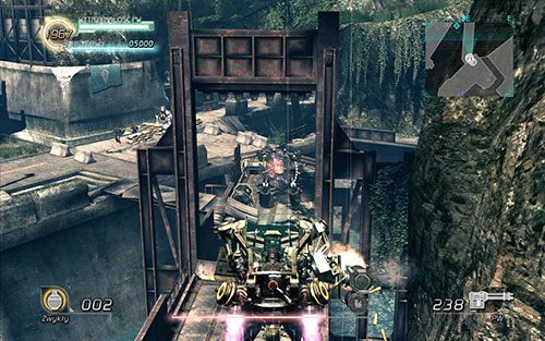 Pamiętaj, że korzystając z tego mecha jesteś w stanie unosić się przez chwilę w powietrzu, co niekiedy umożliwia dość szybkie przenoszenie się z miejsca na miejsce - Rozdział 3 - Sektor 2 | Epizod 1 | Lost Planet 2 - Lost Planet 2 - poradnik do gry