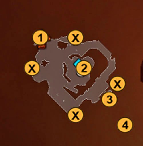 1 - wejście, 2 - boss, 3 - Duros the Blade, 4 - ramię robota, X - gongi. - Torchlight 2: Robot Parts | Ukryte zadania - Torchlight 2 - poradnik do gry