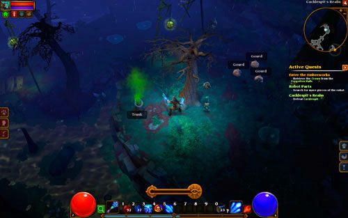 Kiedy będziesz już na miejscu, zniszcz wszystkie gnijące pieńki, jakie spotkasz na swej drodze (jest ich pięć - screen powyżej) - Torchlight 2: Robot Parts | Ukryte zadania - Torchlight 2 - poradnik do gry