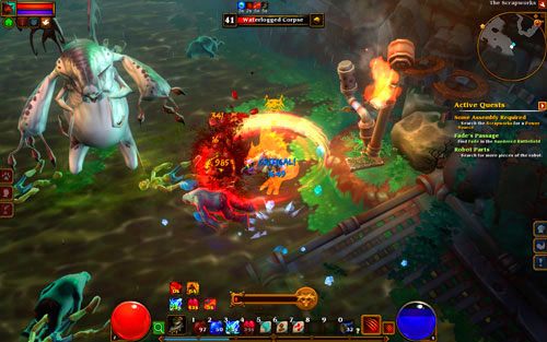 Na tym bagiennym obszarze, przygotowanym dla postaci na co najmniej 41 poziomie doświadczenia, mieszka jeden z najpotężniejszych przeciwników w grze - Bloatfang - Scrapworks | Opis krain w Torchlight II - Akt III - Torchlight 2 - poradnik do gry