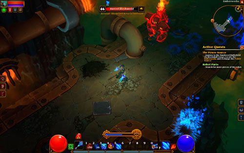 Walka z monstrualnym mechem przebiega dość nietypowo, ponieważ boss nie posiada żadnej obstawy - The Power Source | Zadania główne w Torchlight II - Akt III - Torchlight 2 - poradnik do gry