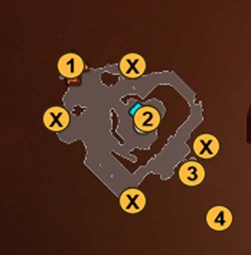 1 - wejście, 2 - boss, 3 - Duros the Blade, 4 - ramię robota, X - gongi. - Tower of the Moon | Opis krain w Torchlight II - Akt II - Torchlight 2 - poradnik do gry