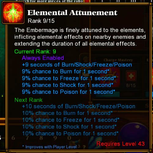 Opis: bardzo potężna umiejętność pasywna, która wpływa na moc wszystkich żywiołów stosowanych przez bohatera - Torchlight 2: Embermage - Inferno Skills - Torchlight 2 - poradnik do gry