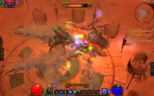 W czasie walki obserwuj ruchy stalowego kolosa - zwykle sygnalizuje on swoje poczynania z pewnym wyprzedzeniem - Breaking the Siege | Zadania główne w Torchlight II - Akt II - Torchlight 2 - poradnik do gry