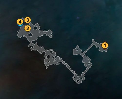 1 - wejście, 2 - Winter Widow, 3 - mąż Bellethe, 4 - wyjście. - Crows Pass; The Widows Veil | Opis krain w Torchlight II - Akt I - Torchlight 2 - poradnik do gry