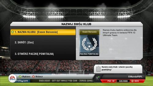 Po uprzednim rozegraniu meczu jedną z pięciu jedenastek dotrzesz do menu wyboru nazwy i skrótu zespołu - Stworzenie zespołu | FIFA Ultimate Team w FIFA 13 - FIFA 13 - poradnik do gry