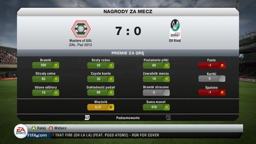 Tuż po rozegranym spotkaniu możesz zaznajomić się z podsumowaniem danego spotkania i ilością nagród, które otrzymujesz za dany mecz - Rozgrywki | FIFA Ultimate Team w FIFA 13 - FIFA 13 - poradnik do gry