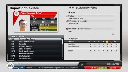 W tym ekranie znajdziesz statystyki, aktualną formę i uwagi odnoszące się do poszczególnych graczy zespołu - Skład | Tryb kariery menedżerskiej w FIFA 13 - FIFA 13 - poradnik do gry