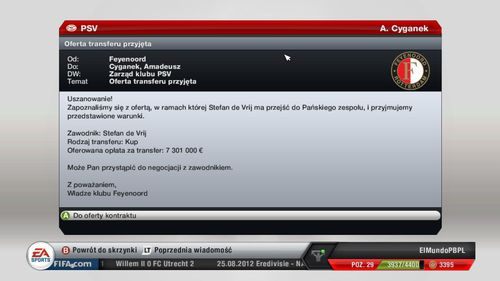 Po kilku dniach otrzymujemy odpowiedź dotyczącą naszego zapytania - Transfery | Tryb kariery menedżerskiej w FIFA 13 - FIFA 13 - poradnik do gry