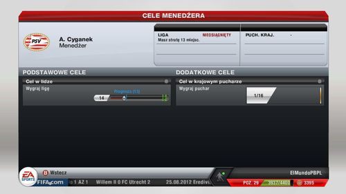 W tym panelu znajdziesz informacje odnośnie celów zarówno w lidze, jak i krajowych pucharach oraz - jeśli w nich uczestniczysz - także w europejskich rozgrywkach - Biuro menedżera | Tryb kariery menedżerskiej - FIFA 13 - poradnik do gry